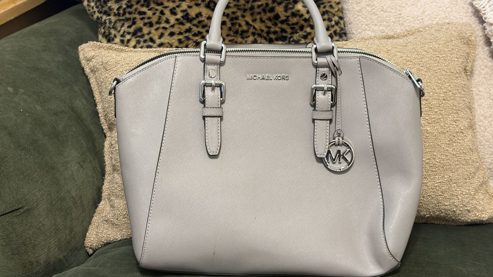 Michael Kors Saffiano Leather Gray Satchel Handbag with Silver Hardware