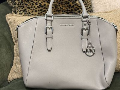 Michael Kors Saffiano Leather Gray Satchel Handbag with Silver Hardware