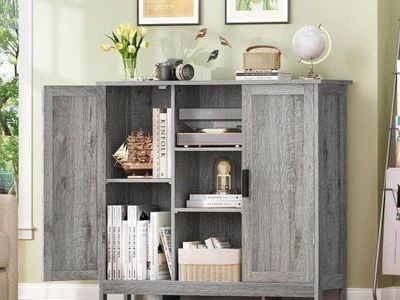 Gray Wood Storage Cabinet with Doors and Shelves - 35.4" x 11.8" x 31.7"