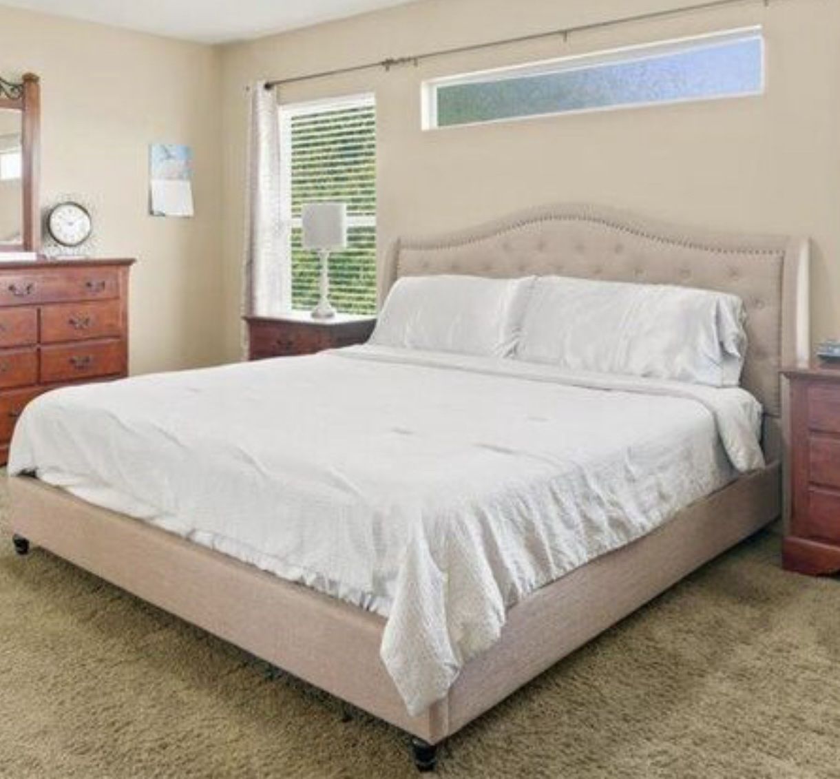 Great condition- KingTufted Upholstered Platform Bed Frame (mattress included)