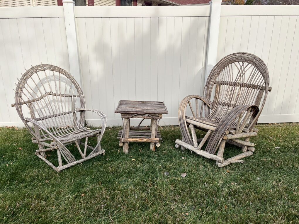 Twig Willow Fan Back Chairs, Couch And End  Table