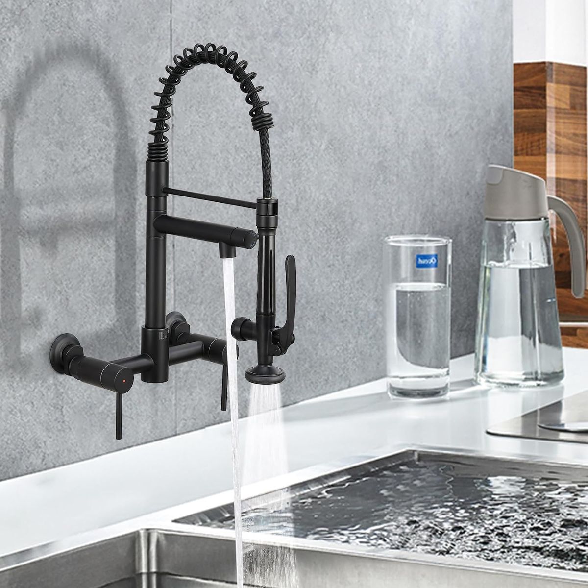Wall Mount Kitchen Faucet with Pull Down Sprayer, 8 Inch Center Kitchen - MATTE BLACK