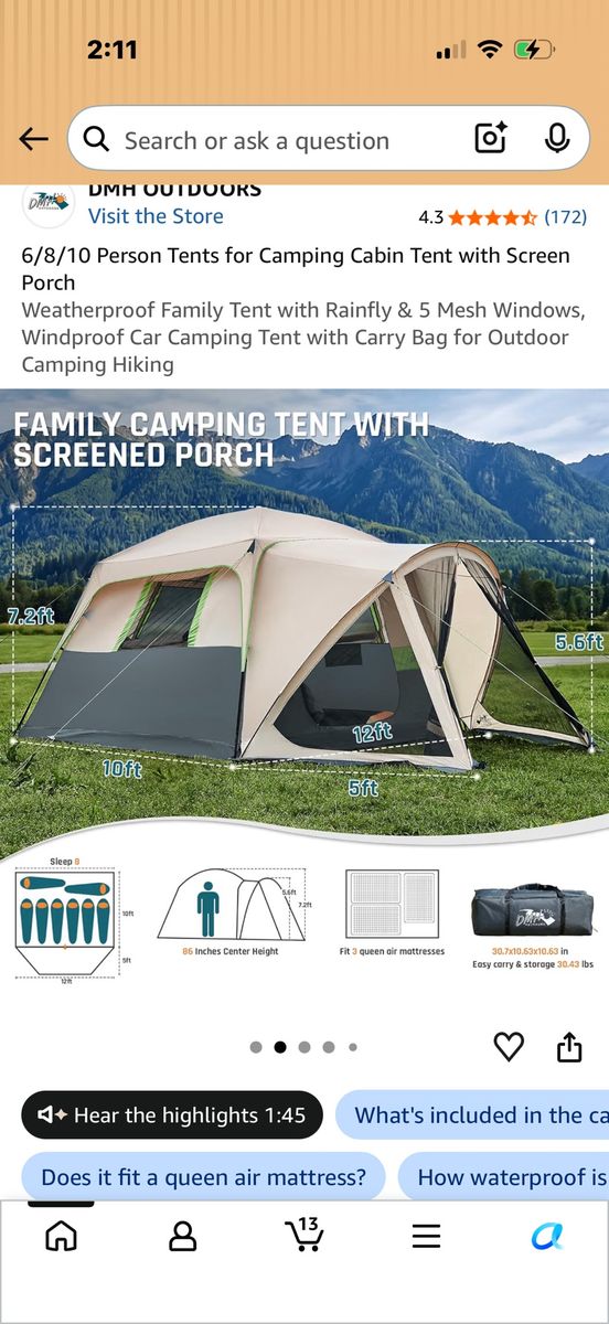 DMH Outdoors 8 Person Family Camping Cabin Tent with Screen Porch