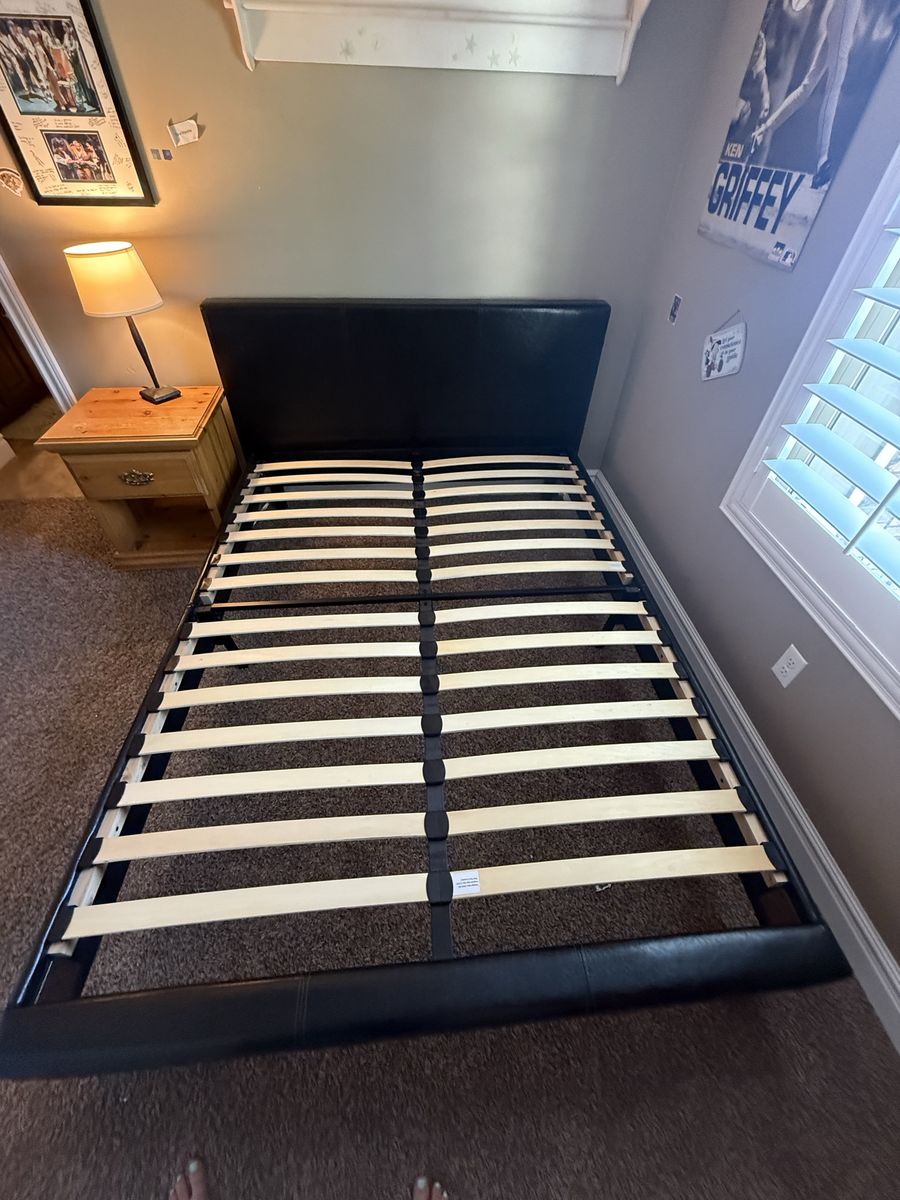 Black Faux Leather Platform Bed Frame Queen Size with Headboard & Wooden Slats