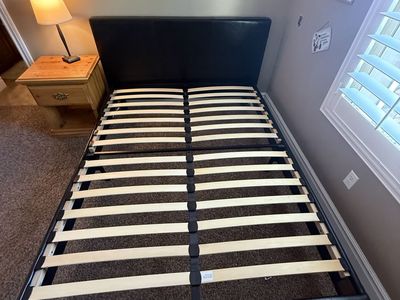 Black Faux Leather Platform Bed Frame Queen Size with Headboard & Wooden Slats