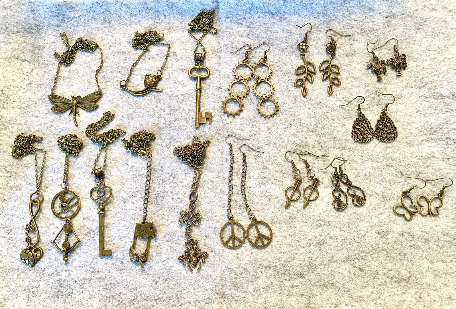 NEW Antique Bronze Necklaces & Earrings - Bee, Dragonfly, Key, Hunger Games, Peace Sign & More $4-$10