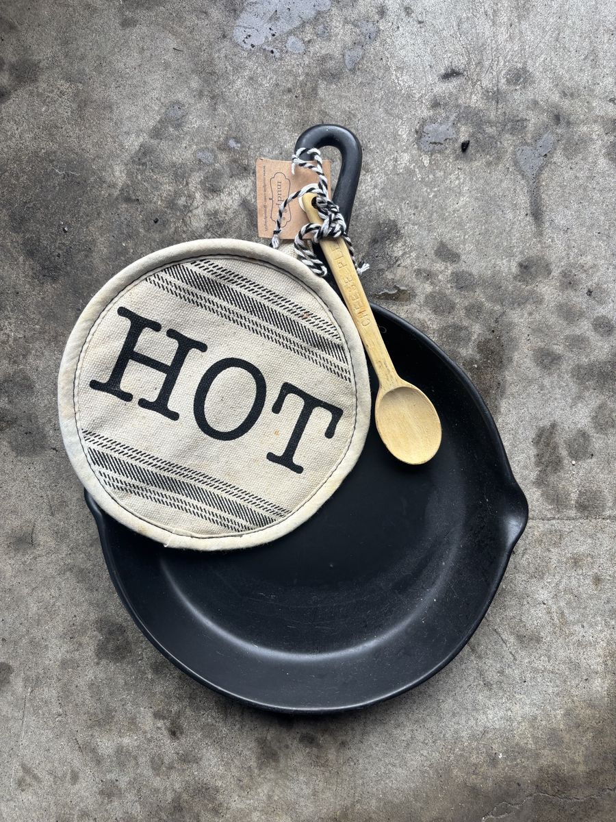 Mud Pie "I Rest In Queso" Skillet Set with Wooden Spoon and Hot Pad Holder