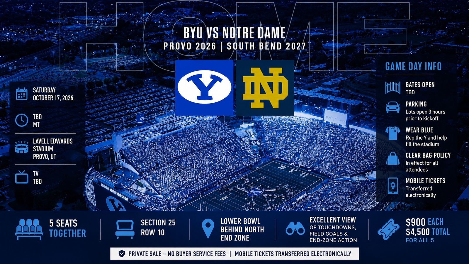 BYU vs Notre Dame – 5 Tickets Together – Sec 25 Row 10 – Lower Bowl