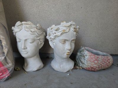 Set of 3 Decorative Garden Planters - 2 Greek Goddess Head Busts & Strawberry Pot