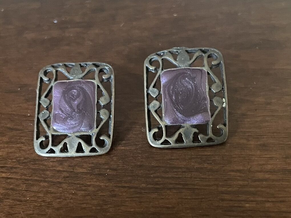 Vintage Dark Silver Earrings W/ Switly Purple