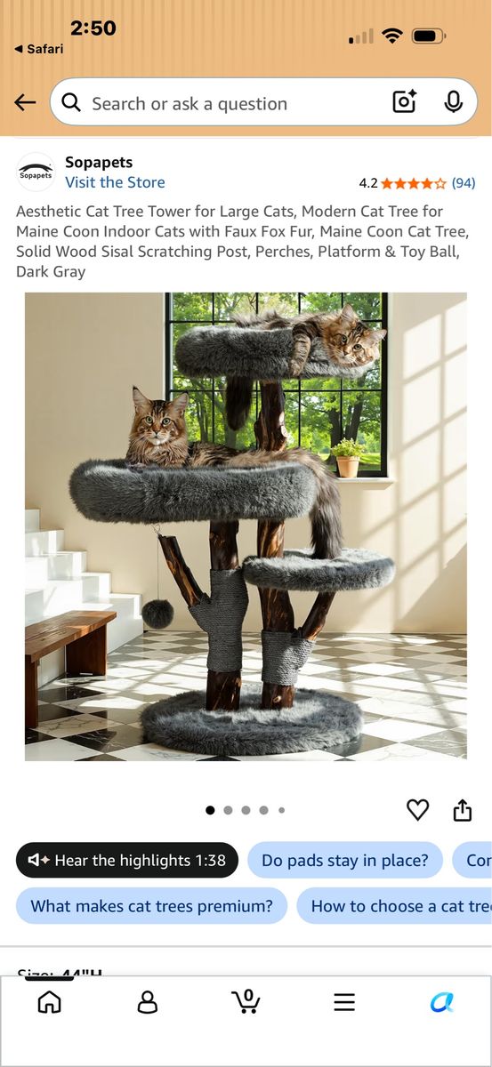 Solid Wood Cat Tree Tower for Large Cats Dark Gray Faux