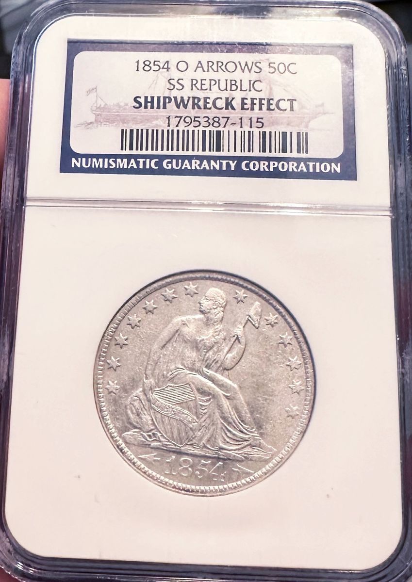 1854-O Silver Half Dollar – REAL SS Republic Shipwreck Coin – NGC 