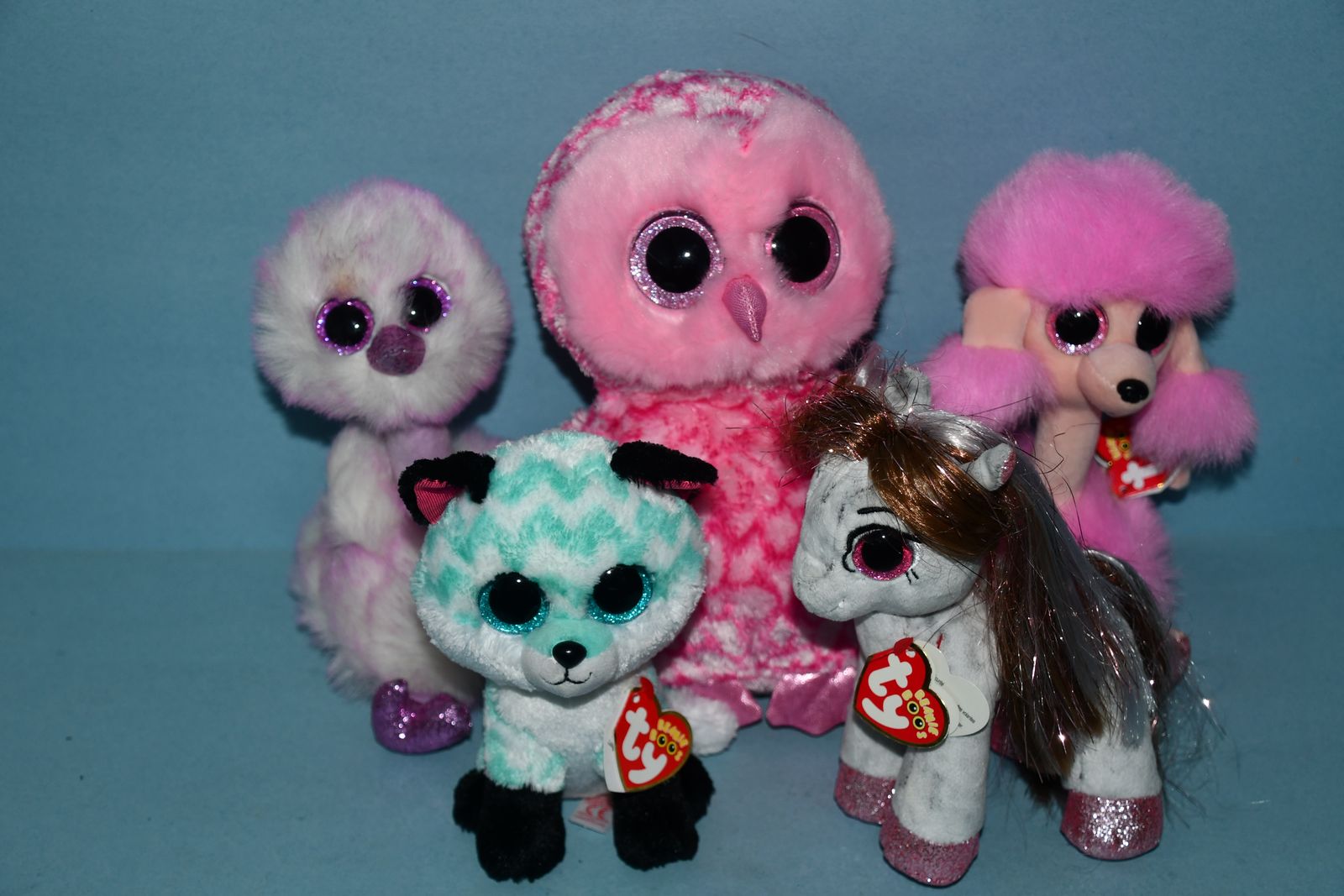 5 TY "BEANIE BOOS" with TAGS ~ GLITTERY EYES ~ HORSE, DOGS, OWL, OSTRICH ~ CUTE & CLEAN!