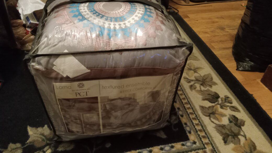 Lorna PCT King Comforter Bedding Set Textured Ensemble Blanket Shams Skirt Pillows 8 Pcs