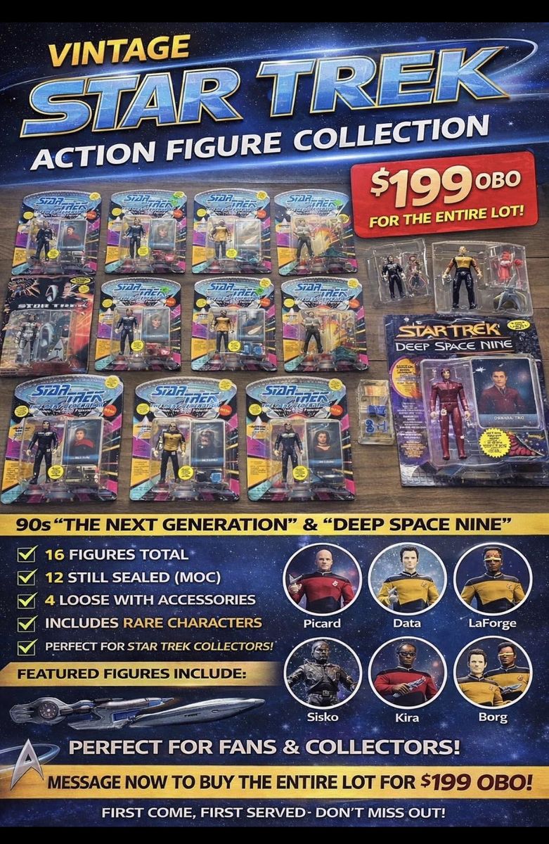 Vintage Star Trek Action Figure Collection - 16 Figures (12 Sealed, Rare Characters) TNG & DS9