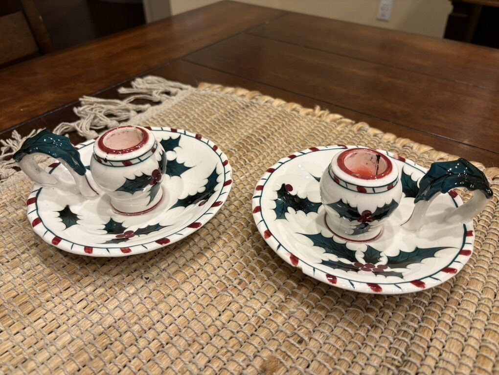 Pair Of Lefton Handpainted Holly Candle Holders