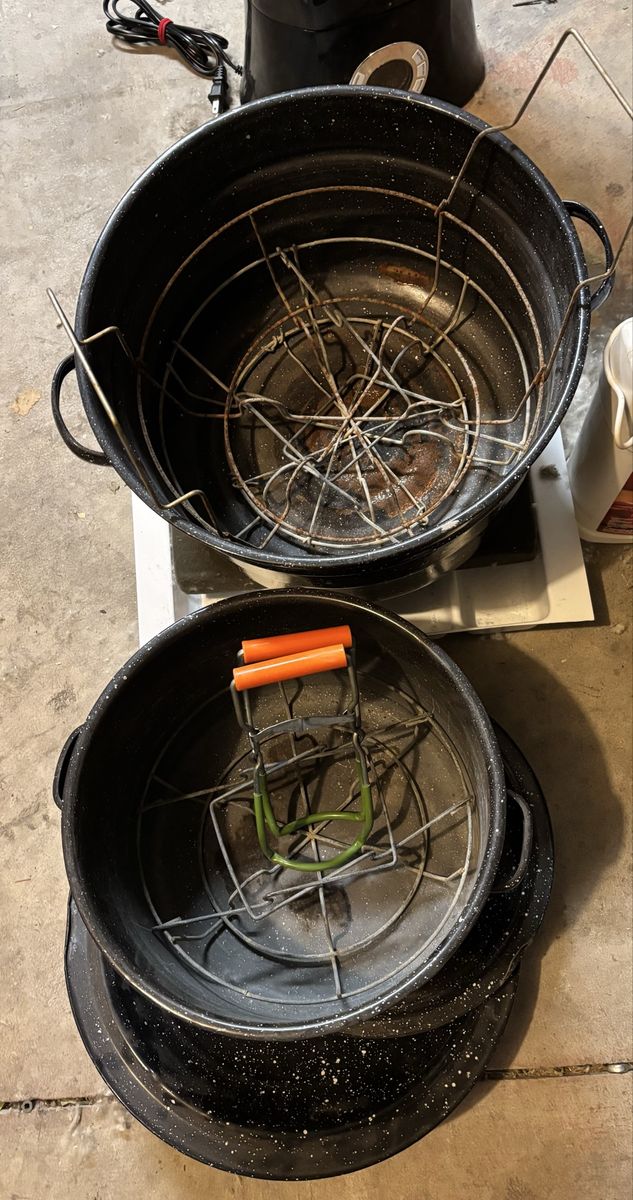 2 Vintage Black Speckled Enamel Canning Pots with Racks & Lid, Jar Lifter Included