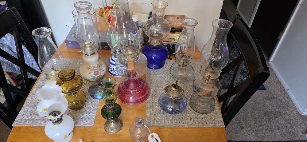 Vintage Kerosene and Oil Lamp Collection - Various Glass Colors and Styles