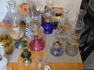 Vintage Kerosene and Oil Lamp Collection - Various Glass Colors and Styles