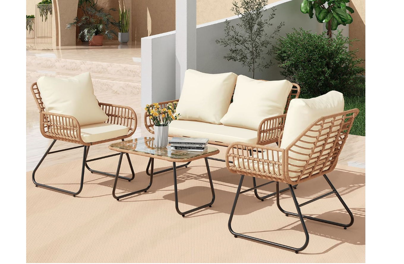 New in box 4-Piece Wicker Outdoor Patio Furniture Set with Cushions & Tempered Glass Table, All-Weather Rattan Bistro Set