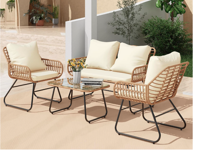 New in box 4-Piece Wicker Outdoor Patio Furniture Set with Cushions & Tempered Glass Table, All-Weather Rattan Bistro Set