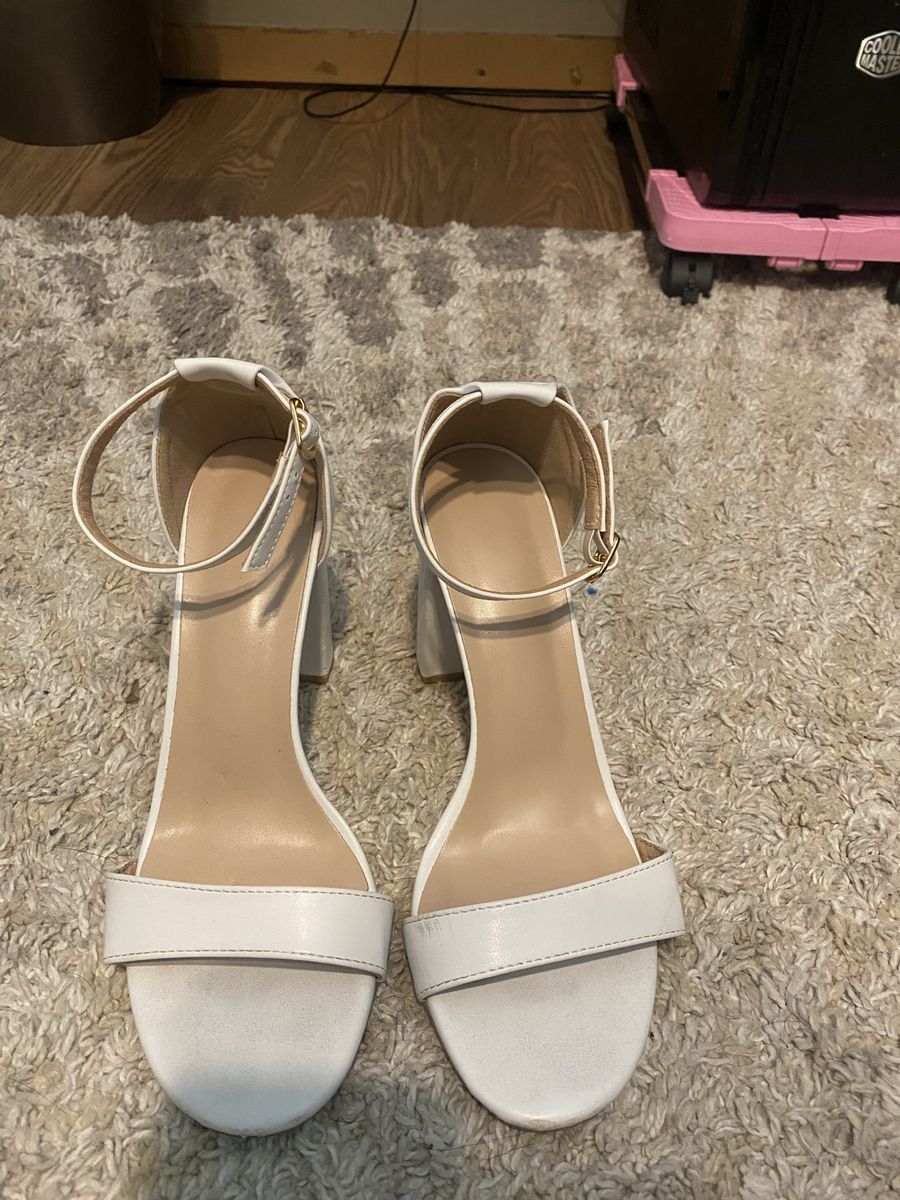White Ankle Strap Block Heel Sandals - Women's Size 39 - Synthetic Leather