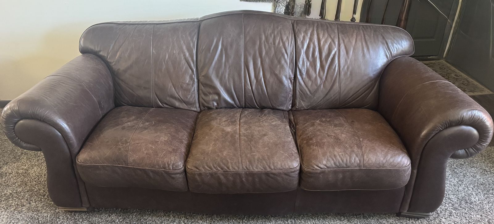 Brown Leather Three-Seater Couch - Good Condition
