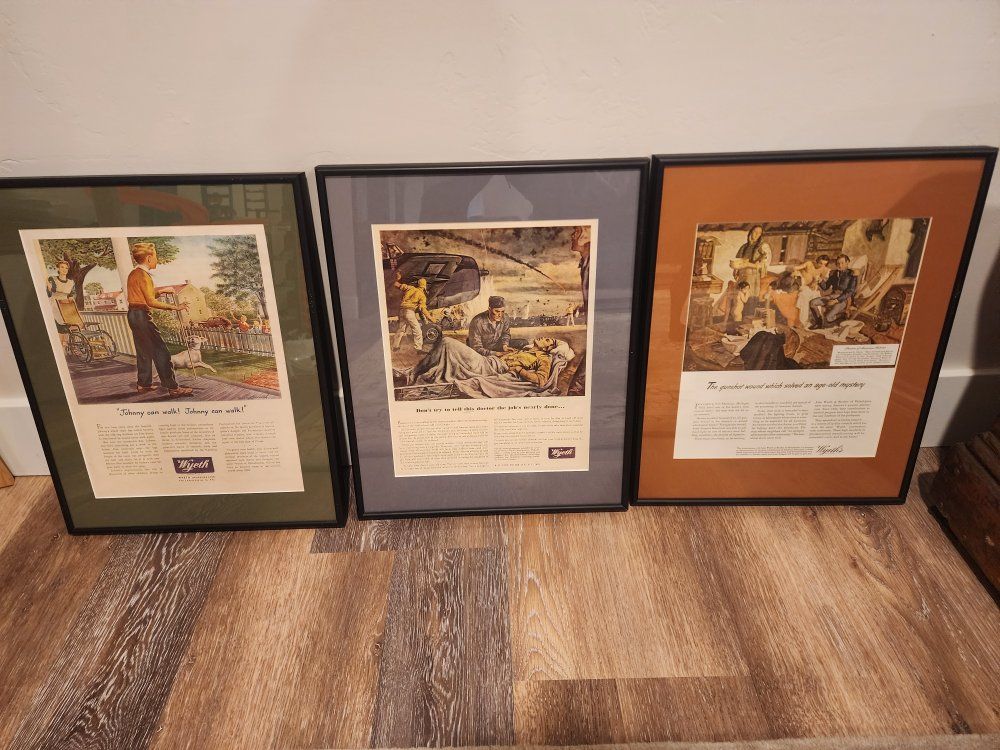 3 Framed 1940's Magazine Print Ads Wyeth Pharmaceuticals