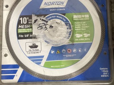 Norton Saint-Gobain 10" Diamond Continuous Mesh Rim Tile Saw Blade 5/8" Arbor Wet/Dry