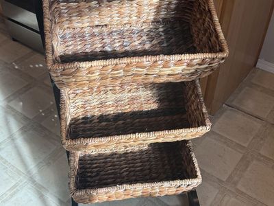 3 Large Removable Heavy Duty Wicker baskets with stand. For veggies, fruit, bread, etc.