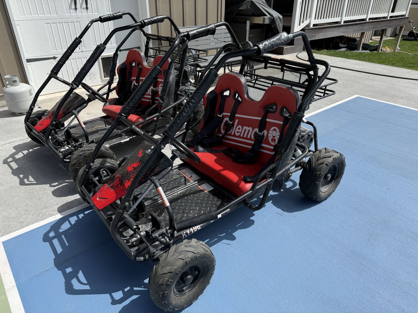 Pair of Coleman KT196 196cc Gas Powered Off-Road Go-Karts - Red/Black, Excellent Condition