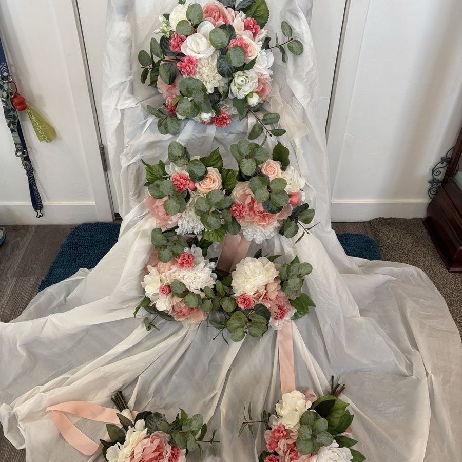 18 piece pink and white  artificial wedding flower set
