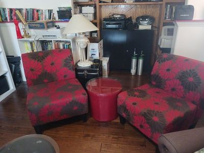 Pair of Floral Upholstered Accent Chairs & Red Ottoman - 3 Piece Set