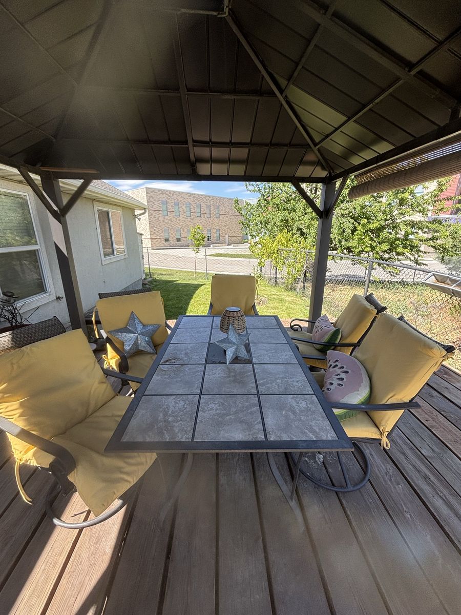 Outdoor Patio Dining Set with 6 Swivel Chairs - Square Tile Top Table & Yellow Cushions