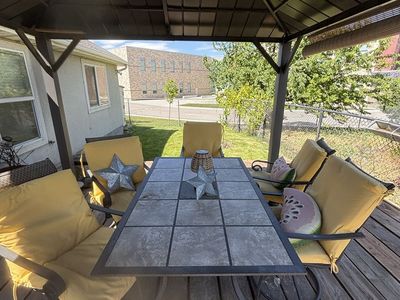 Outdoor Patio Dining Set with 6 Swivel Chairs - Square Tile Top Table & Yellow Cushions
