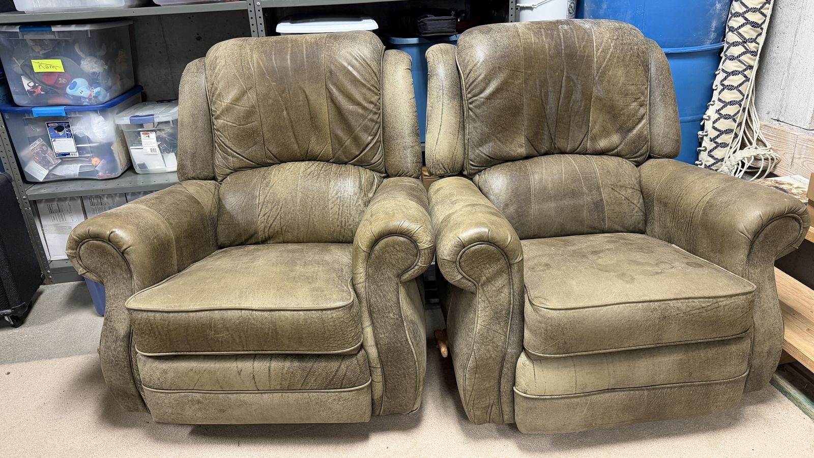Pair of Used La-Z-Boy Recliner Chairs - Tan/Brown Leather-Look Fabric, Manual Recline