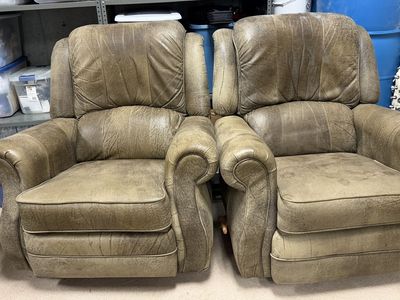 Pair of Used La-Z-Boy Recliner Chairs - Tan/Brown Leather-Look Fabric, Manual Recline