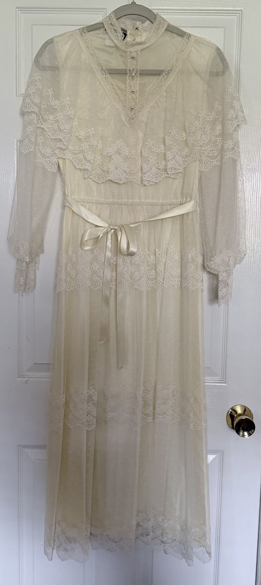 Vintage Ivory Lace & Swiss Dot Long Sleeve Prairie Dress - Women's Size 9/10