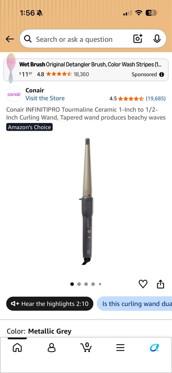 Conair InfinitiPRO Tourmaline Ceramic 1" to 1/2" Tapered Curling Wand