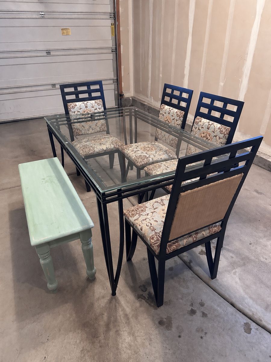 Glass Top Dining Table w/ 4 Chairs and Bench