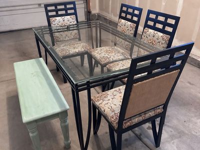 Glass Top Dining Table w/ 4 Chairs and Bench