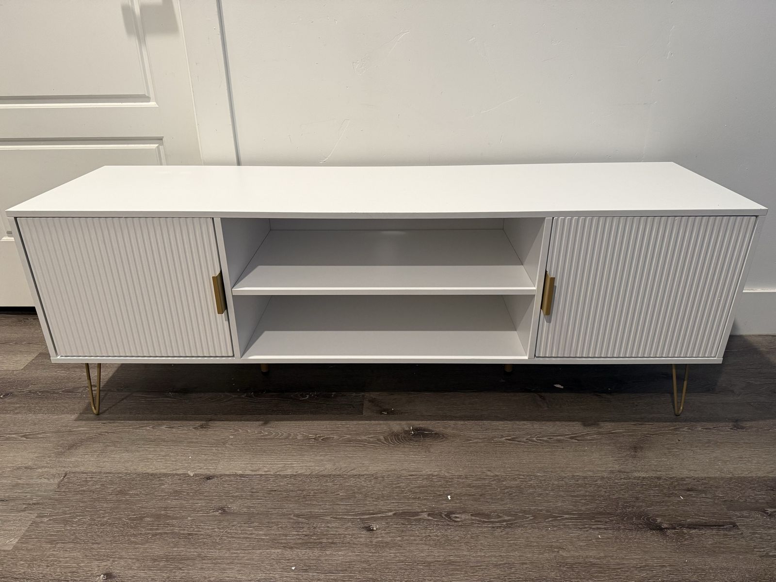 Brand New Modern White TV Stand with Fluted Doors