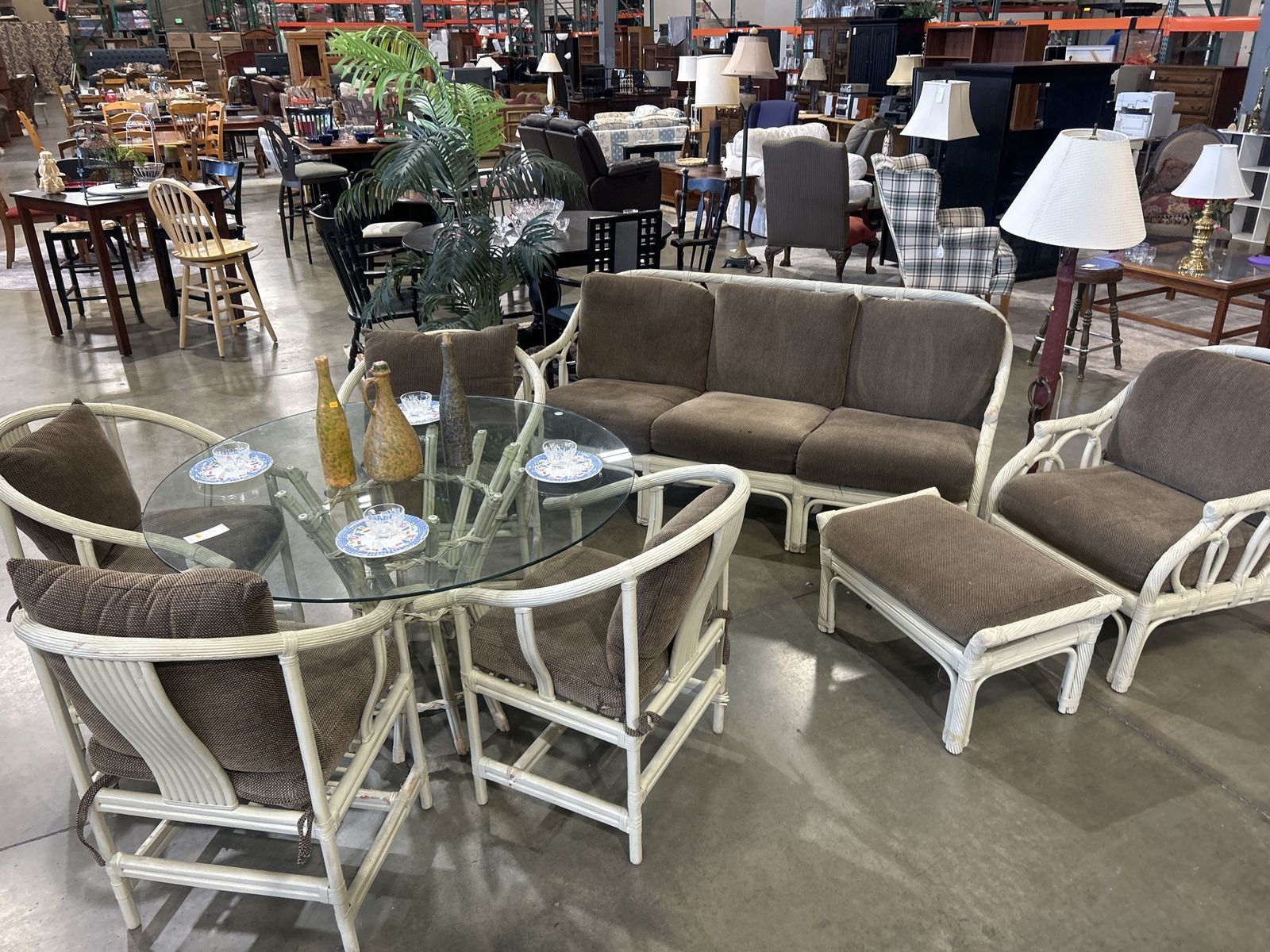 Vintage Rattan & Glass Top Dining Set with Sofa & Ottoman - White/Brown, 7-Piece Patio Furniture