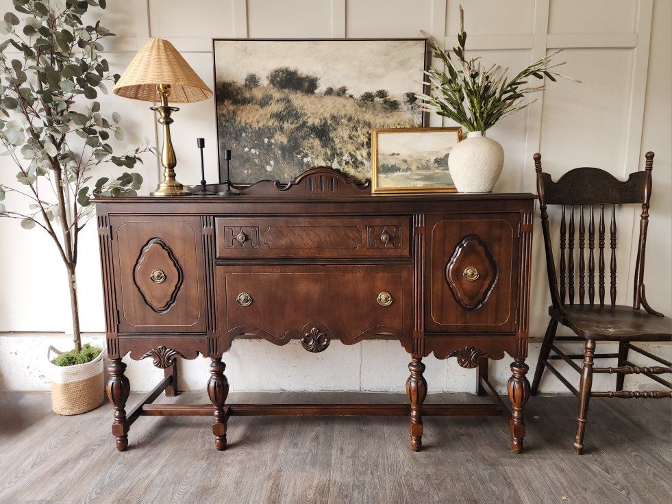 Vintage Wooden Buffet Credenza with Decorative Carvings and Brass Hardware
