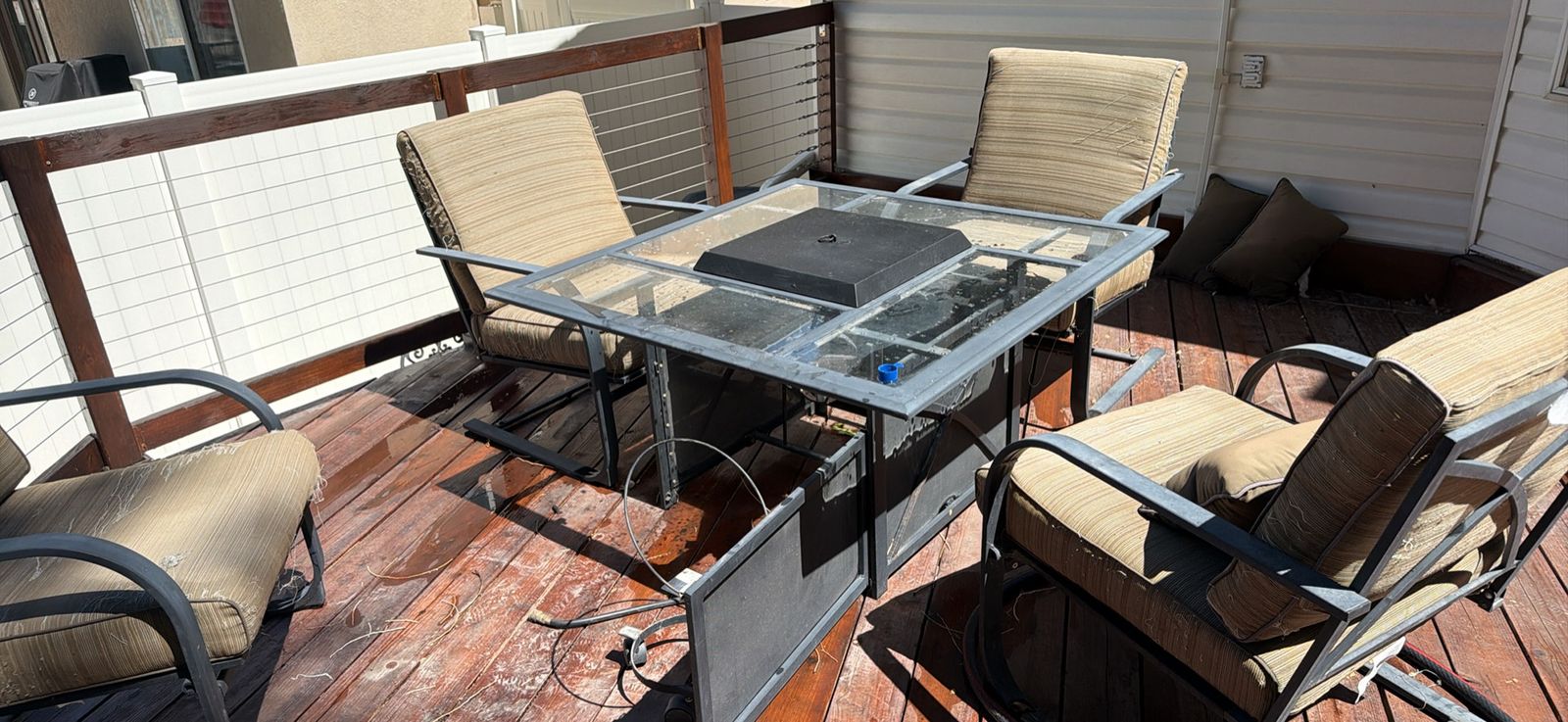 Outdoor Patio Fire Pit Table Set with Glass Top and 4 Rocking Chairs