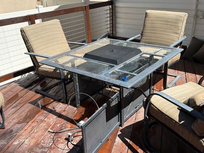 Outdoor Patio Fire Pit Table Set with Glass Top and 4 Rocking Chairs