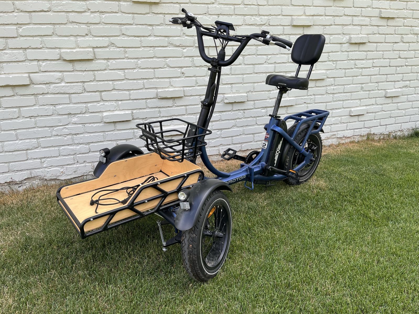 Addmotor Electric Cargo Tricycle Bike with Front Wooden Tray Basket and Backrest