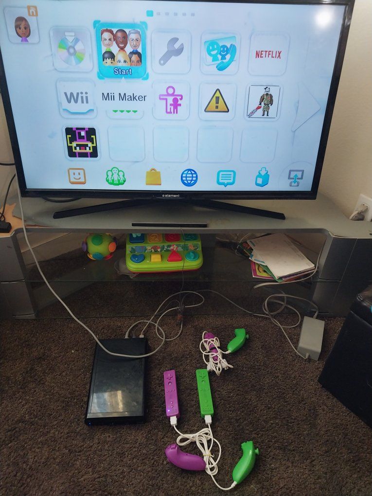 Nintendo Wii U 
(2) controllers with attachable nunchucks 
(2) extra nunchucks 
all necessary cords and movement sensor