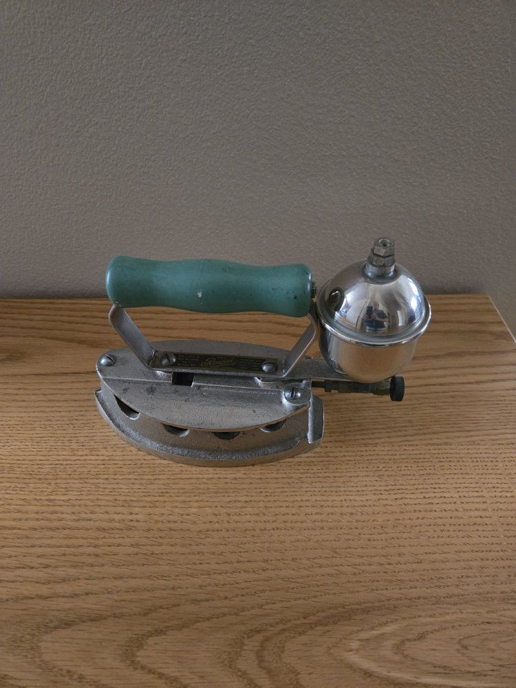 Vintage Royal Brand Heavy Duty Steam Iron with Green Wood Handle - Collectible Appliance