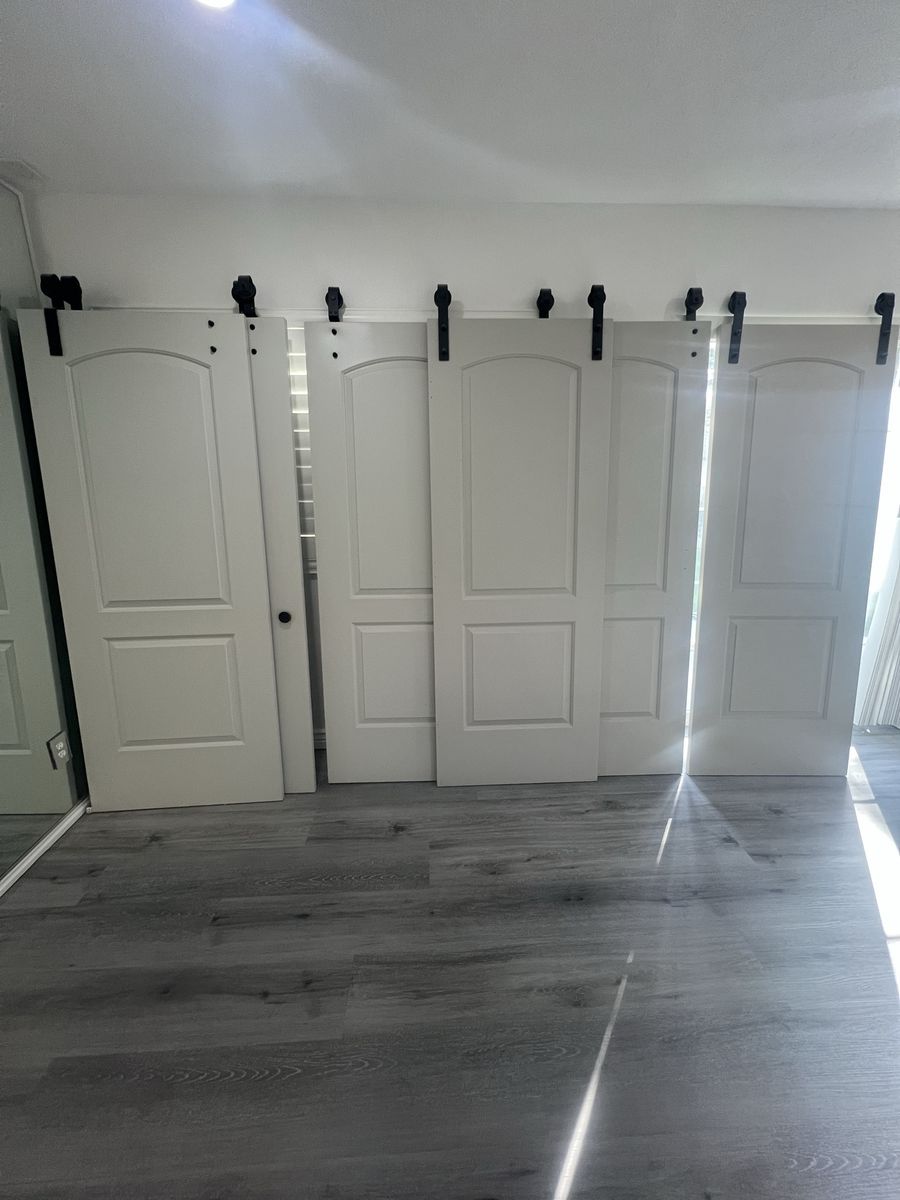 7 Wood Sliding Barn Doors with Black Hardware - Arched Panel Design - 2 rails